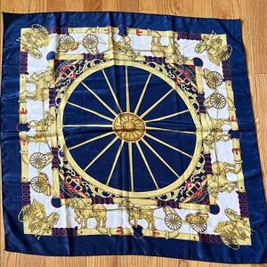 Vtg Equestrian Scarf Horse Drawn Carriage Large Wagon Wheel 29.5” Square